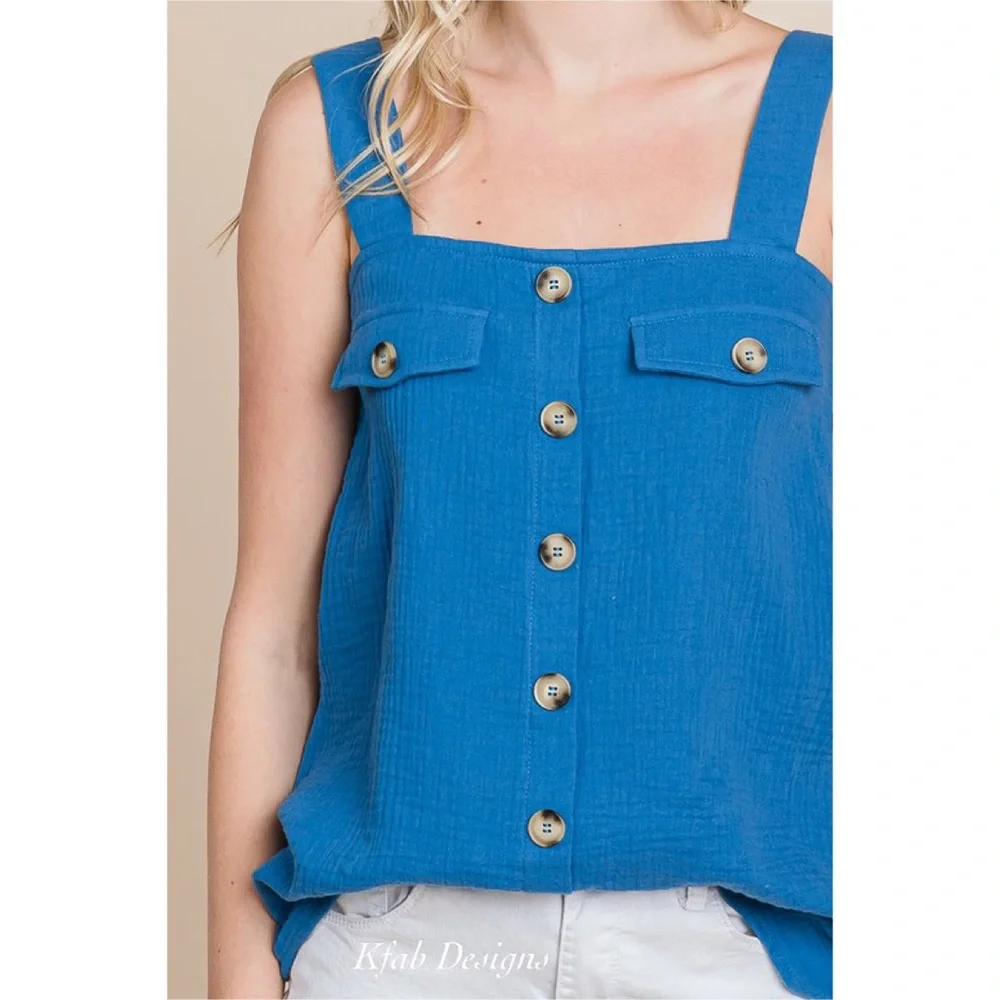 LAST 2! Go To Perry Blue Cotton Sleeveless Top with Button Detail! - Picture 4 of 4
